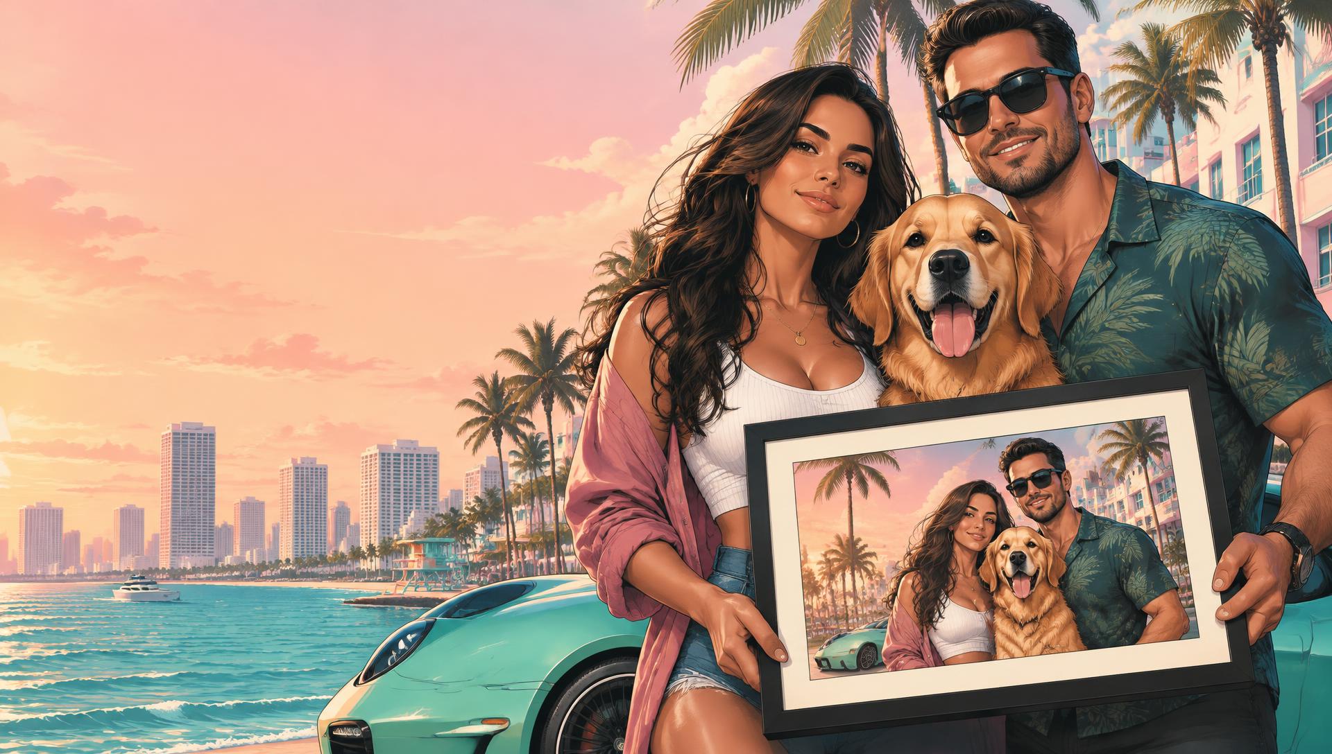 Casal e seu cachorro em Vice City, segurando um retrato ilustrado com moldura preta